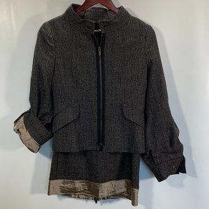 BCBGMAXAZRIA Jacket Skirt Suit Set Wool Stretch Blend Pencil Tweed Zip Gold Hem
